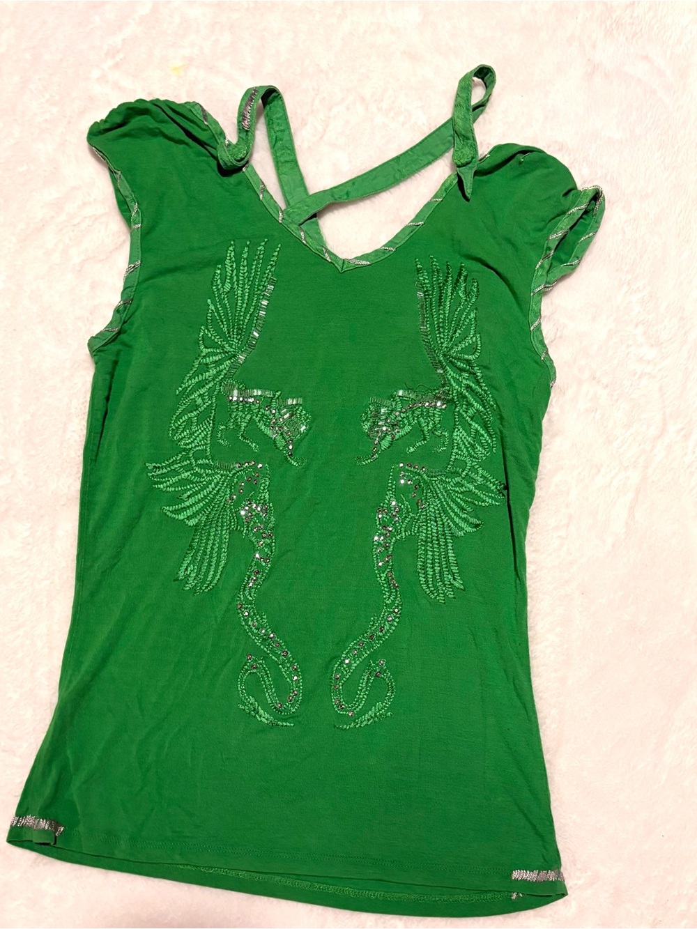 Parasuco Green Embellished Wing-Graphic Tank Top